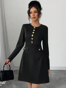 Elegant Women's Fall Winter Dress, Long Sleeve Short Style, Metal Button Decoration, Precise Craftsmanship, Perfect for Casual Wear