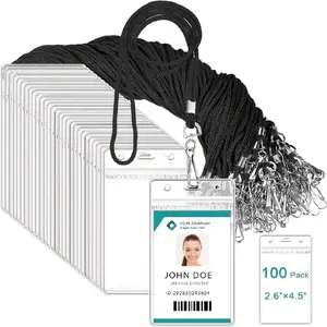 100pcs Lanyard with ID Holder, Clear Plastic Name Tags Holders And Black Lanyards, ID Badge Holder, ID Card Holders for Office Business Team Workers Volunteers Supplies (Blue)(Black)