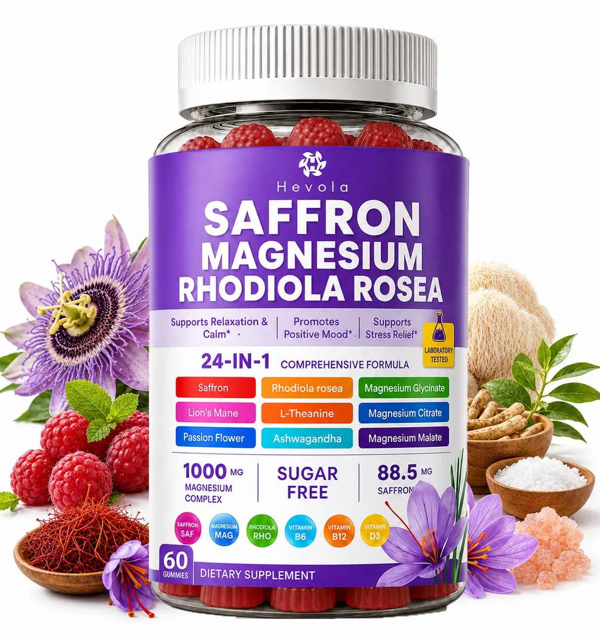 Magnesium Glycinate Gummies with Saffron, Rhodiola, L-Theanine, Ashwagandha - 24-in-1 Stress Reliever Supplement for Mood, Muscle Health - Sugar Free, 60 Pieces