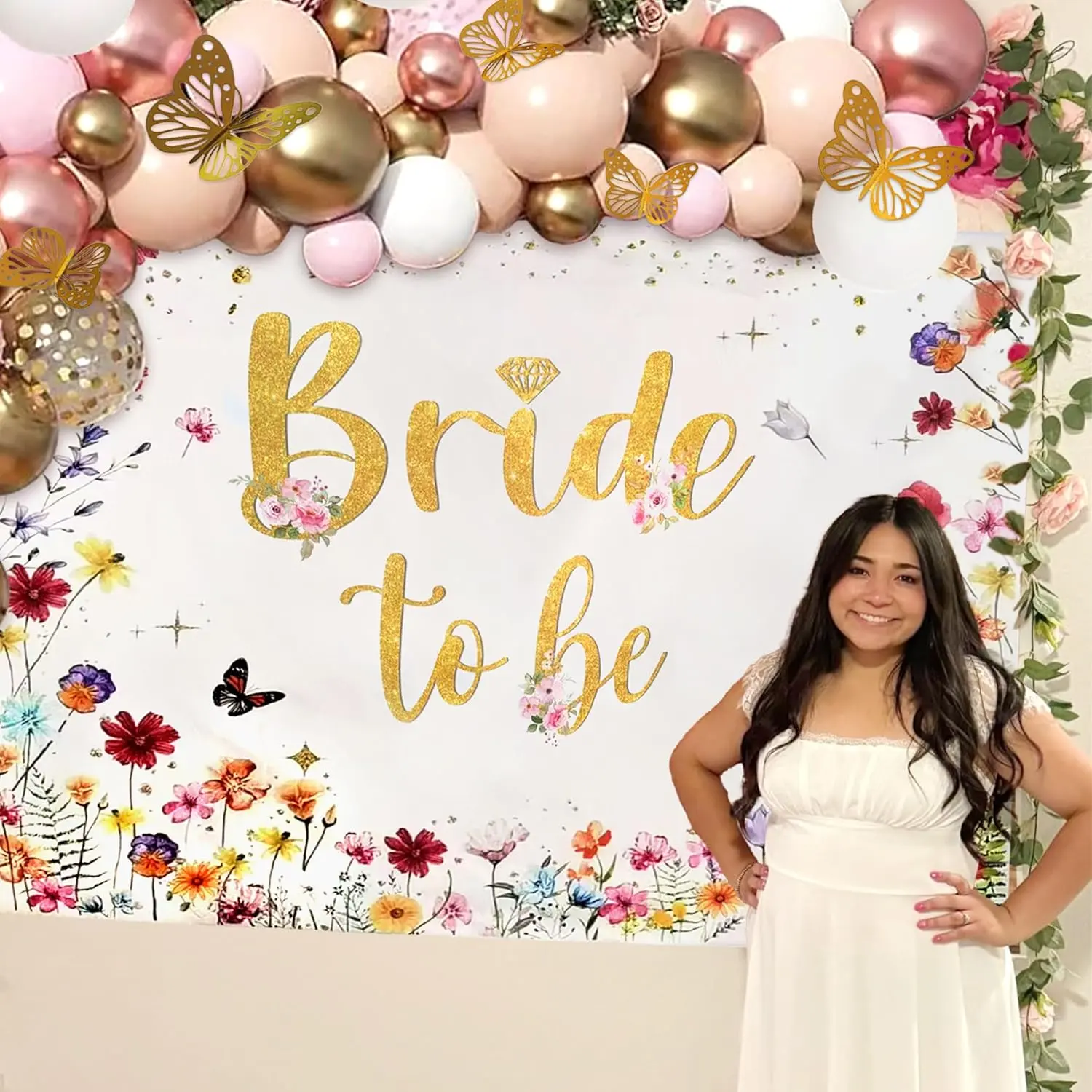 Bride-to-Be Wildflower Wedding Backdrop Set - 60x48inch Gold Spring Floral Party Background Decoration with Butterfly, Balloon Decor, Photo Booths for Bridal Shower, Banners, Fabric Backdrop