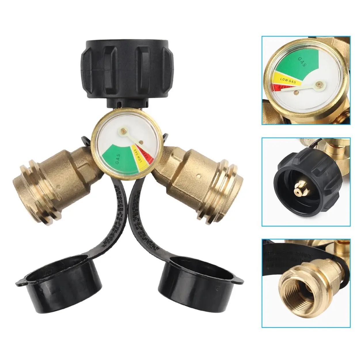 Propane Splitter, Propane Tank Y Splitter Adapter with Gauge, 2 Way LP Gas Adapter Tee Connector for 20lb Propane Tank Cylinder, Work with BBQ Grills, Camping Stoves, Gas Burners, Heater Sturdy Trekking