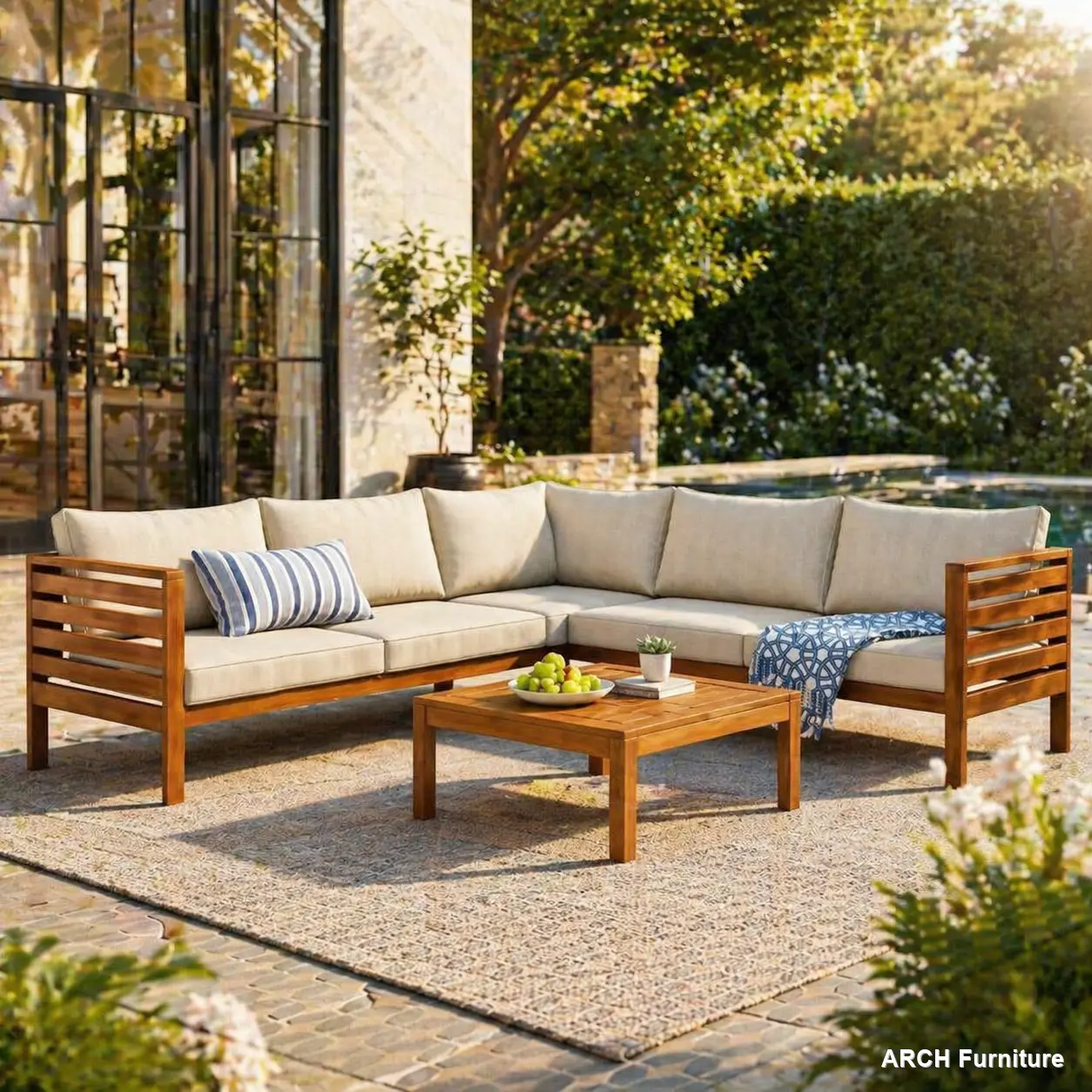 ARCH Acacia Wood Outdoor Patio Sofa Set - Beige Cushions, Exotic Traditional Design, Waterproof Sun Protection Texture, Stable Metal Accessories, Natural Grain, Multiple Seats, Front Porch Back Porch Decor (175 lbs Table Capacity)