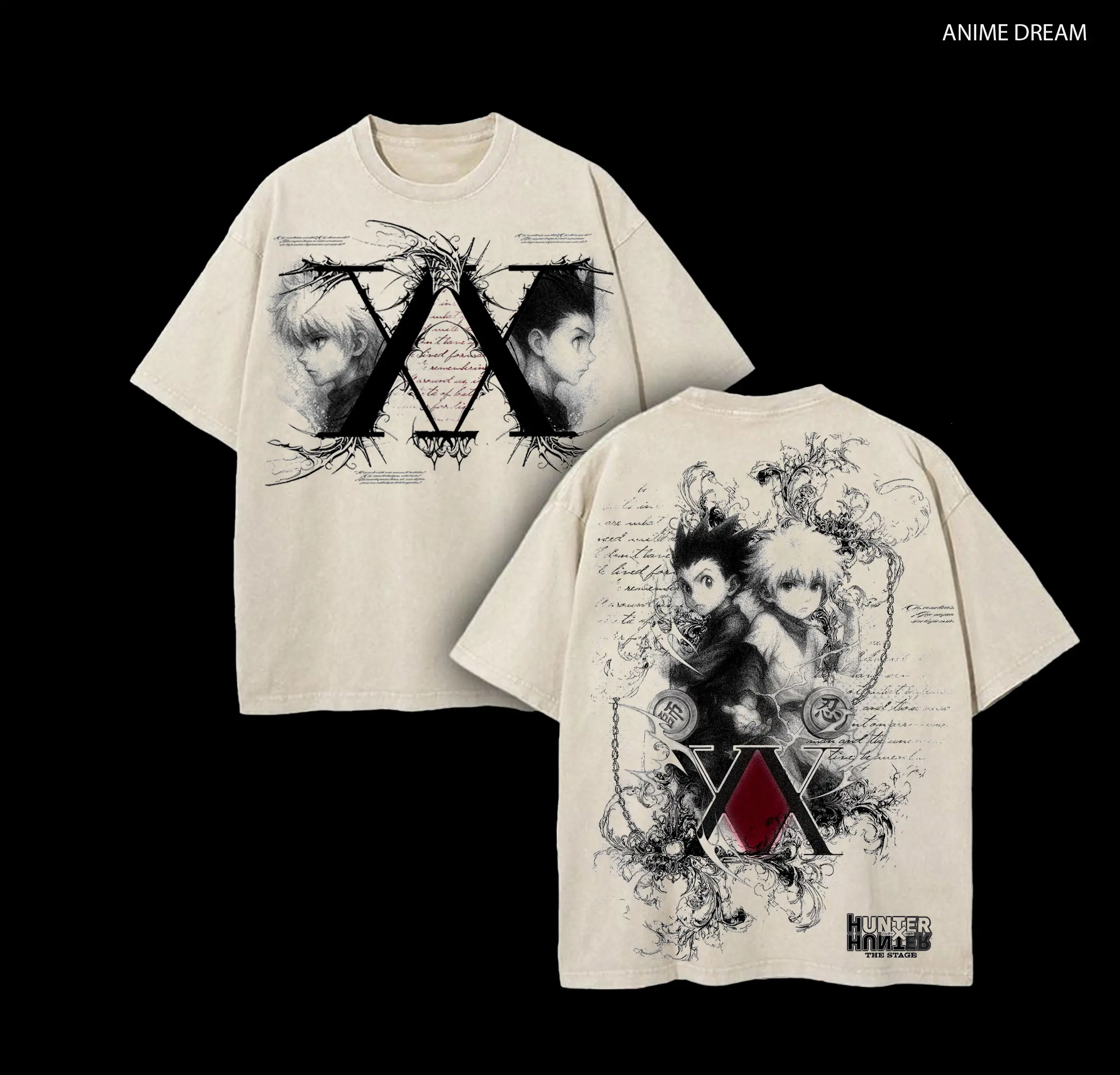 Killua x Gon Hunter x Hunter Anime Double Printed Vintage Washed Tee Unisex Oversize Heavyweight Cotton T-shirt for Anime Fans and Lovers