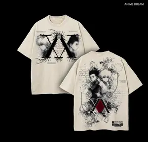 Killua x Gon Hunter x Hunter Anime Double Printed Vintage Washed Tee Unisex Oversize Heavyweight Cotton T-shirt for Anime Fans and Lovers