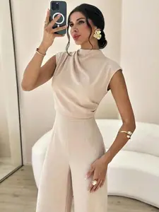 Elegant Women's High Waist Wide Leg Jumpsuit, Solid, Modern Commuter Fashion, Stylish Pleated Stand Collar Cover Sleeve, Trendy One-Piece Pants