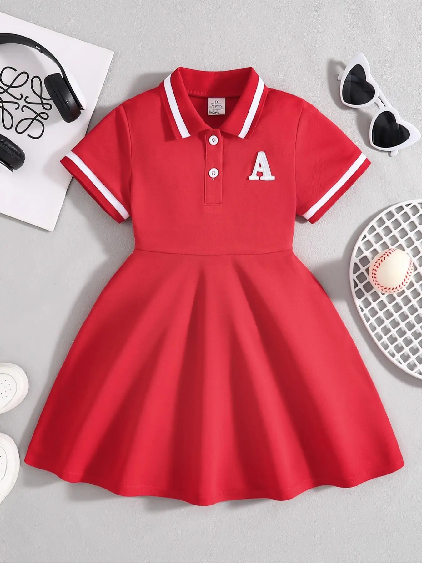 Girl's Letter Patched Polo Neck Dress, Casual Short Sleeve A Line Dress for Summer, Kids Clothes for Daily Wear