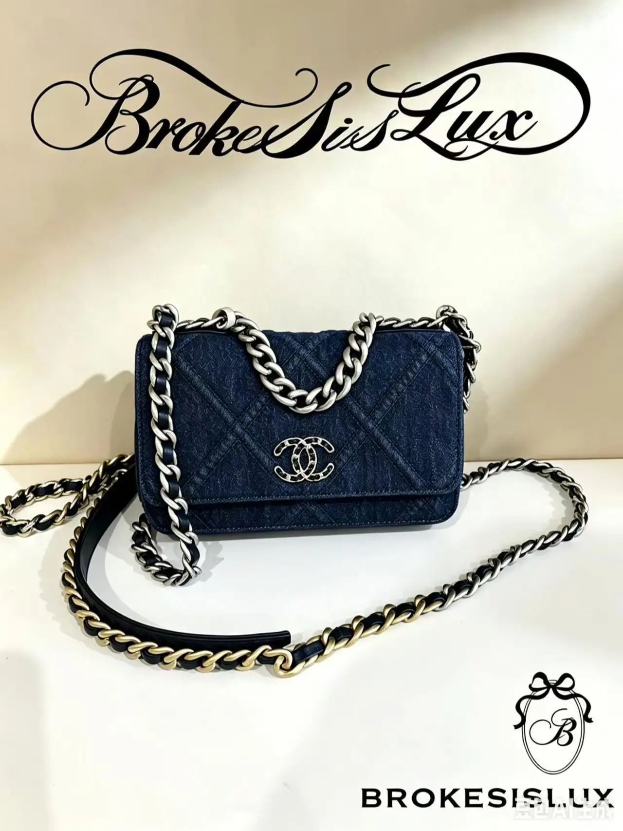 Pre-owned CHANEL Dark Blue Denim Mini Classic Flap | Two Tone Gold & Silver Chain, Casual Denim Crossbody Purse