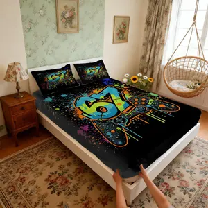 3Pcs Graffiti Game Controller Printed Fitted Sheet Set Machine Washable Trendy Print Full Wrap Anti Slip Dust Proof Mattress Protection for Gamer Bedroom Daily Use