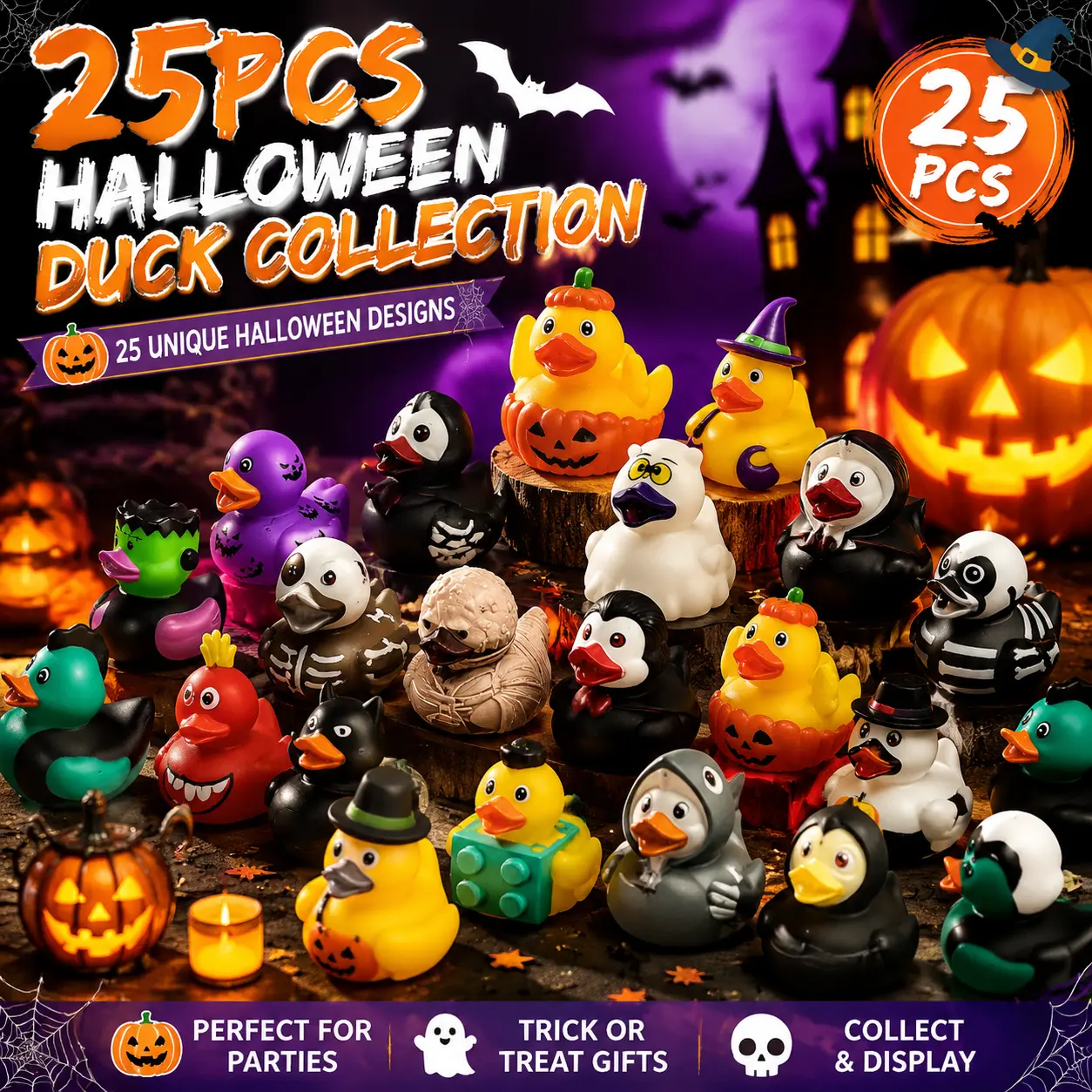 GUSILOR 25 Pack Halloween Decorative Built Different Rubber Ducks in Bulk - Pool Water Toys for Vehicles, Halloween Party Favors, Targeted for Babies, Teens, Rubber Ducks For Babies, Surprise Duck Mix