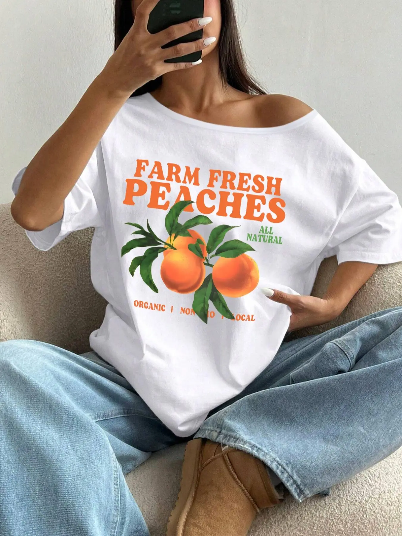 Women's Peach & Letter Print Asymmetrical Neck Tee, Casual Farm Fresh Peaches Graphic T-Shirt for Daily Wear, Ladies Clothes for All Seasons, Top