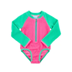 Aquamarine Green & Hot Pink Crinkle Rash Guard Swimsuit - Girls Long Sleeve Swimwear