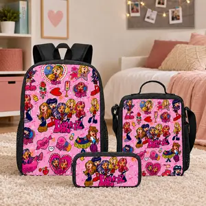 BRATZ Backpack Set 3Pcs Polyester School Bag Lunch Bag Pencil Case Cartoon Pink Print Lightweight Large Capacity Bookbag Back To School Travel Gift For Girls Kids Teens Students