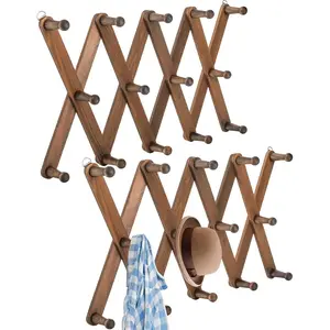 2 Pack Expandable Wooden Coat Rack, 14 Hooks Accordion Wall Hanger, Wall Mounted  Accordion Peg Rack for Hats,Coat, Baseball Caps, Mugs, Scarf, Bag, Walnut Color