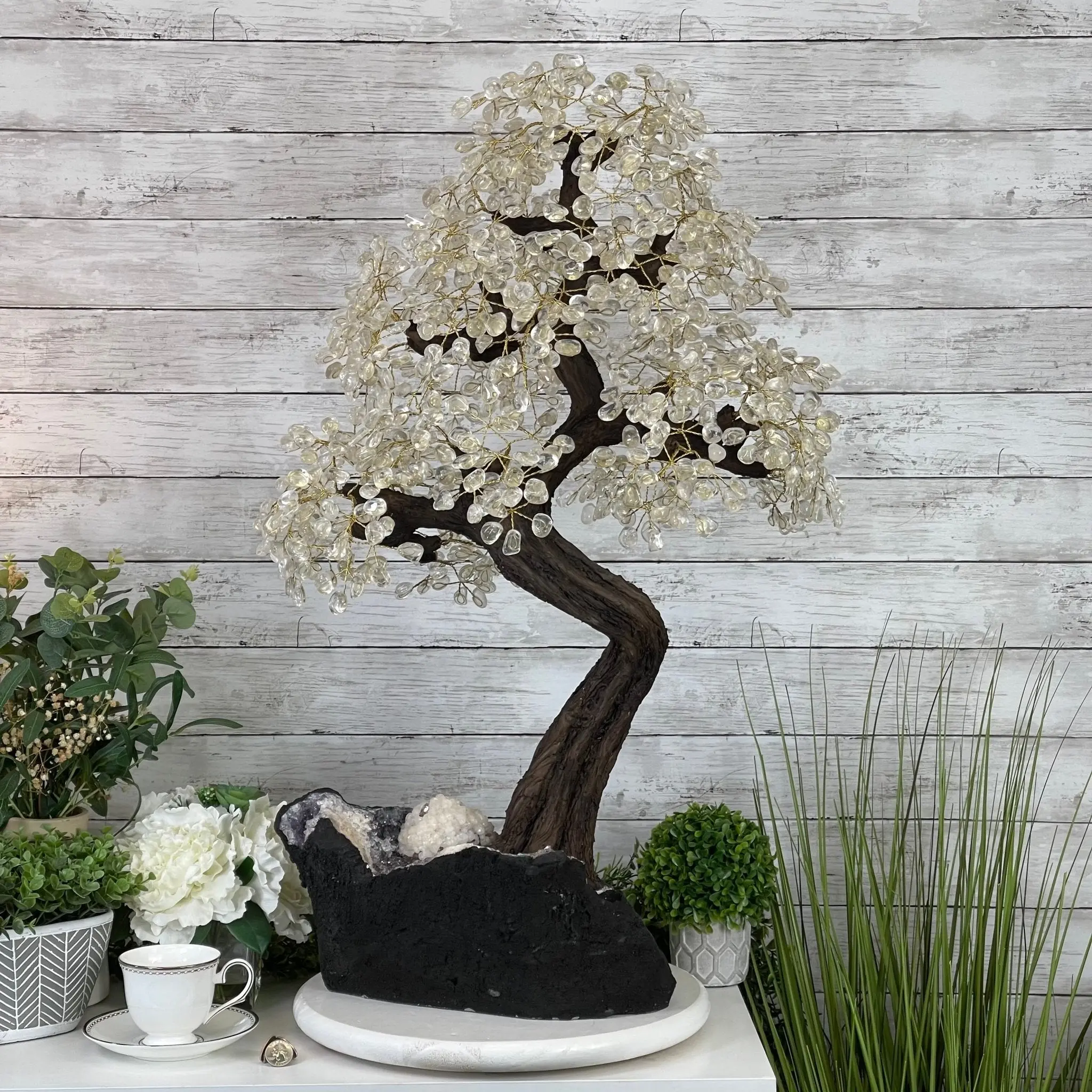 33" Tall Special Clear Quartz Gemstone Tree with Amethyst base, 960 Gems #5431CQ-001