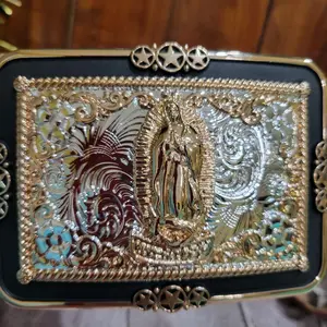 Virgen de Guadalupe  Western Silver Rose Gold & Black Enamel Buckle 4.5x3.0" Rodeo Cowboy Design for Upto 2" Belts, High Quality Zinc Alloy