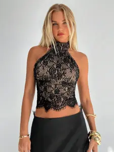Aloruh Women Lace Halter Backless Sexy Black Camisole