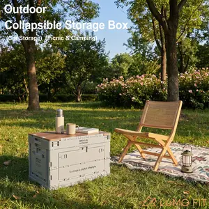 Collapsible Camping Storage Box with Wood Lid - 65L Folding Storage Bins with Front Doors, Stackable Trunk Organizer for RV, Picnic & Outdoors