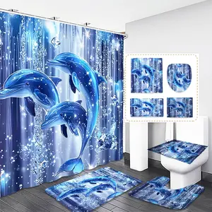 Blue Dolphin Pattern Shower Curtain Set, Waterproof Bathroom Curtains with Hooks, Includes Mat and Toilet Lid Cover, Home and Hotel Decor, Shower Essentials