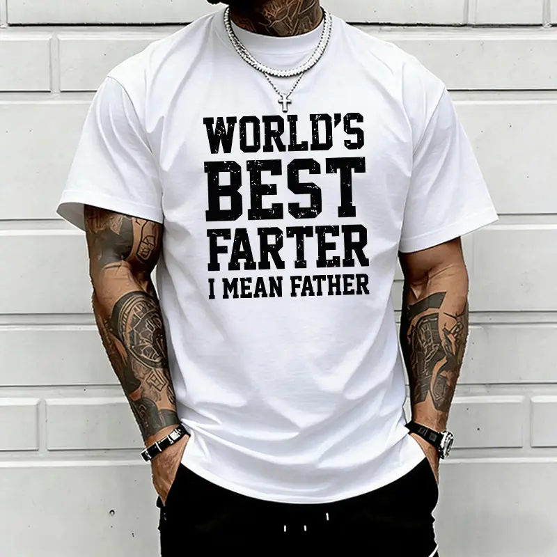 Men's Soft Breathable Cotton Oversized Baggy Crew Neck Shortsleeve T-Shirt - Vintage Distressed "World's Best Farter (Father)" Funny Dad Slogan Graphic Casual Top, Ideal Birthday/Father's Day Gift for Dads, Tshirt, Menswear