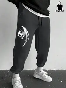 Men's Plus Size Spider & Batwing Print Sweatpants, Street Style Fitted Joggers, Drawstring Waistband, All Season Comfortable Fit