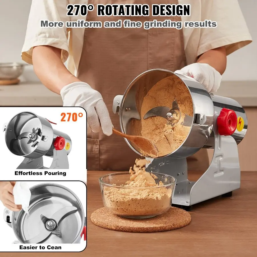VEVOR 3000W Swing-Type Commercial Stainless Steel Electric Grain Mill Grinder, 1000g High-Speed Pulverizer for Dry Grains, Spices, Coffee (Commercial Use)