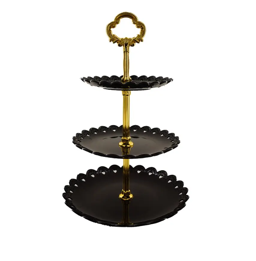3-Tier Plastic Cake Stand Dessert Stand Cupcake Stand Tea Party Serving Platter Black Gold