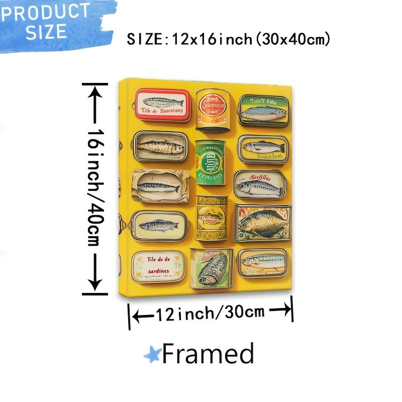 Vibrant Sardine Can Art Canvas Print - 30.48x 40.64cm Colorful Seafood Can Illustration Framed Wall Decoration, Yellow Background, Perfect for Kitchen, Living Room or Breakfast Nook, Vibrant Character Art Style Home Decor, Sardine Decoration, 2D Flat, Per