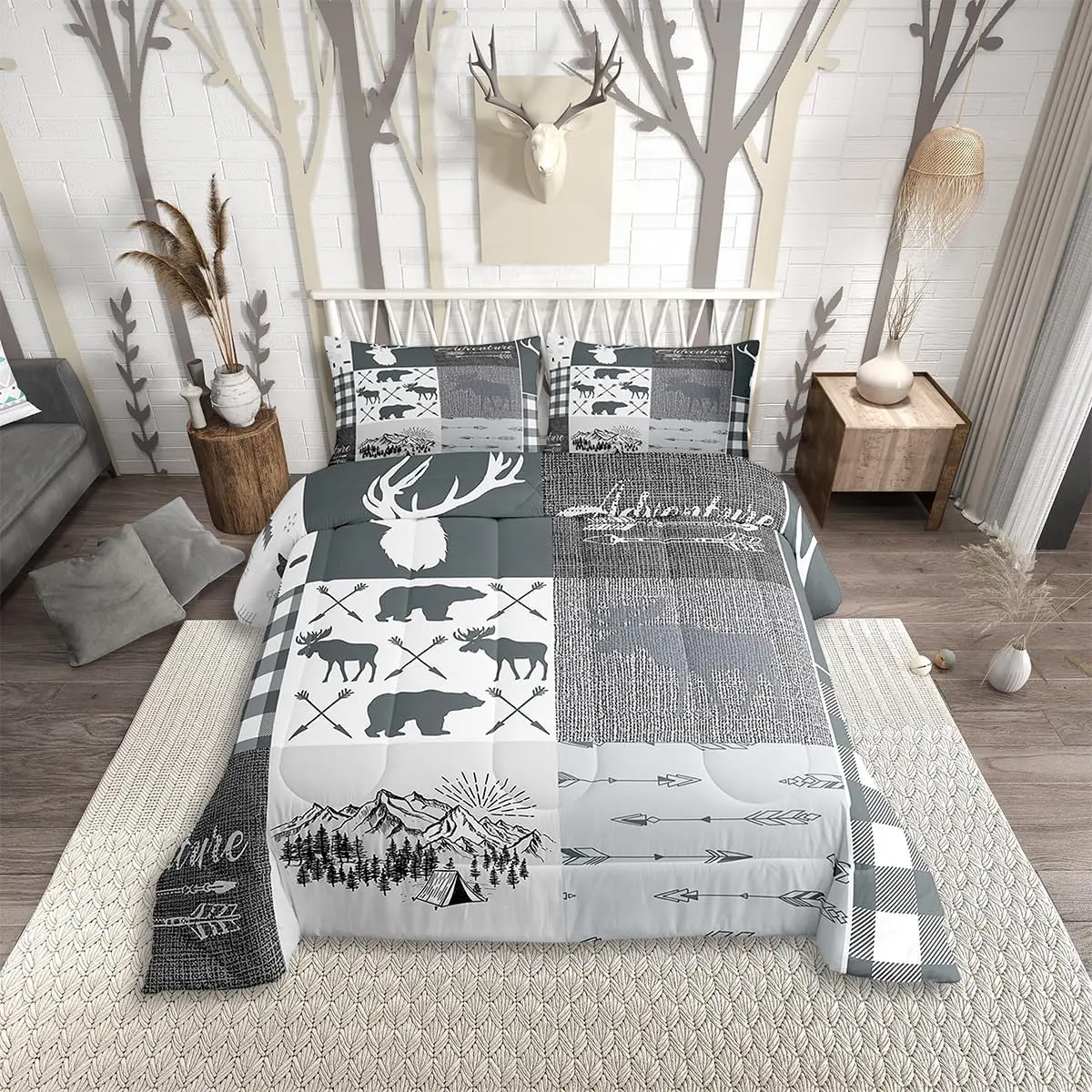 Feelyou Wildlife Pattern Patchwork Quilt Set - Deer Antlers, Rustic Plaid, Buffalo Comforter with Duvet Insert, Farmhouse Hunting Bedroom Bedding Set, Patchwork Quilt Sets