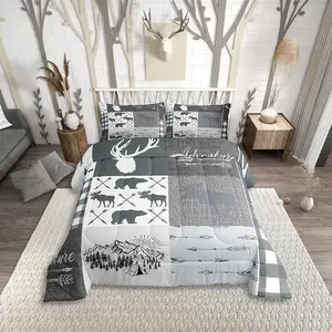 Feelyou Wildlife Pattern Patchwork Quilt Set - Deer Antlers, Rustic Plaid, Buffalo Comforter with Duvet Insert, Farmhouse Hunting Bedroom Bedding Set, Patchwork Quilt Sets