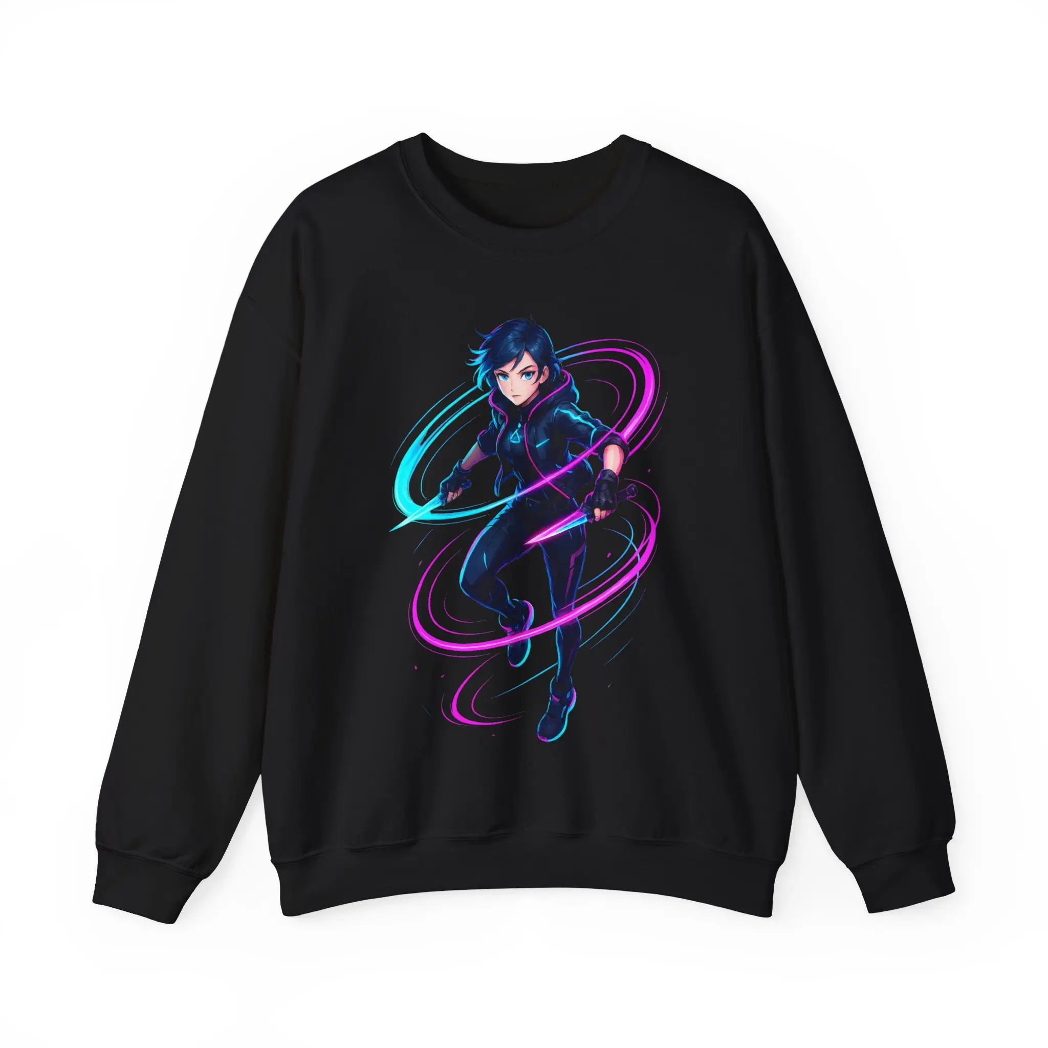 Epic Anime Apparel Cyberpunk Neon Warrior Sweatshirt Futuristic Techwear Anime Streetwear for Gamers and Fans - Blue Magenta Cyan