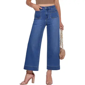 Cropped Jeans for Women Trendy Wide Leg High Waisted Patch Pocket Stretchy Denim Pants Short Trouser Jeans