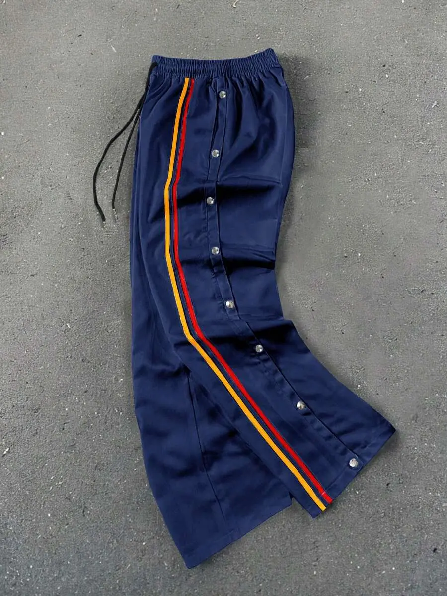 Manfinity EMRG Men Simple Solid Color Spliced Front Tie Casual Straight Leg Pants, Rainbow Strip, Side Opening Design White Pants, Hip Hop Long Baggy Pants, For Husband, Boyfriend Gifts Retro Pants For Menmen's Track Pantsstreet Wear Pantsy2k Pants Meny2