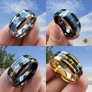 Fashion Stainless Steel Promise Ring, Unique Heartbeat Pattern with Carbon Fiber Inlay, Minimalist Band Ring, Elegant Jewelry for Wedding, Party & Dating