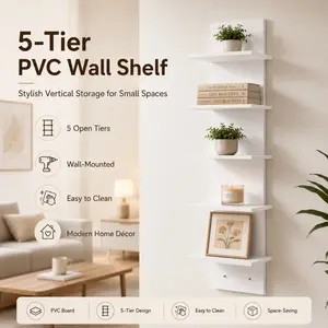5-layer white PVC wall shelf, Wall mounted organizer, Heavy duty floating shelf, no assembly required, self-adhesive installation, space-saving storage unit, suitable for books, plants, artwork - Modern minimalist decor, multi-functional