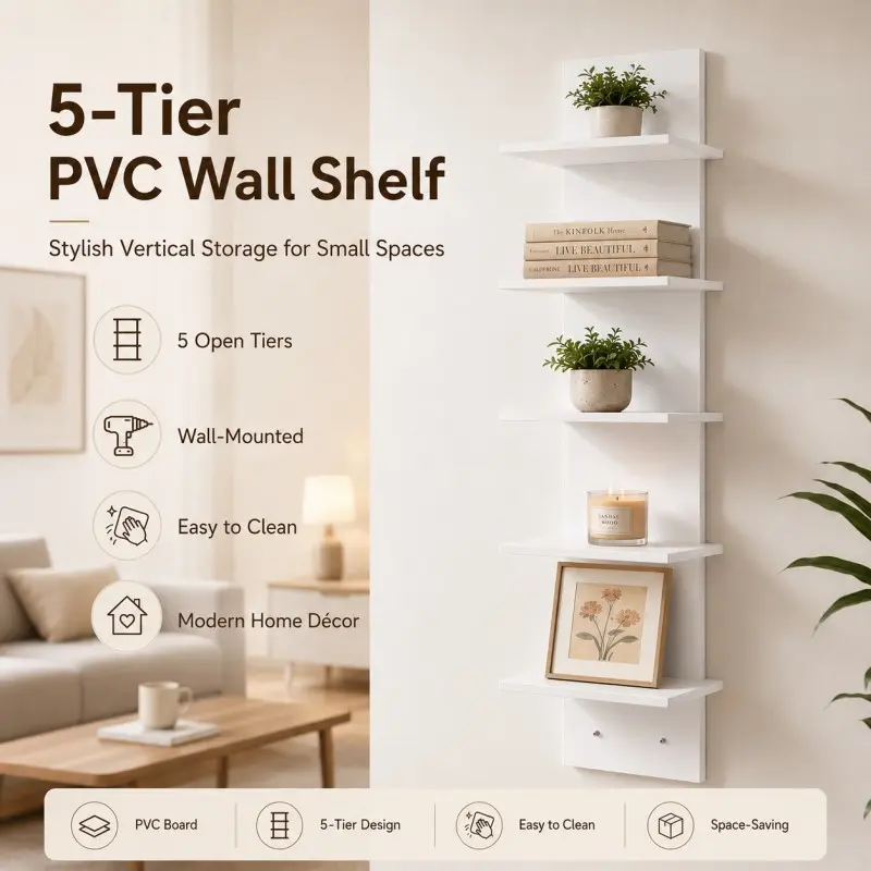 5-layer white PVC wall shelf - Heavy duty floating shelf, no assembly required, self-adhesive installation, space-saving vertical storage unit, suitable for books, plants, artwork - Modern minimalist/Bohemian style decor, multi-functional plastic.