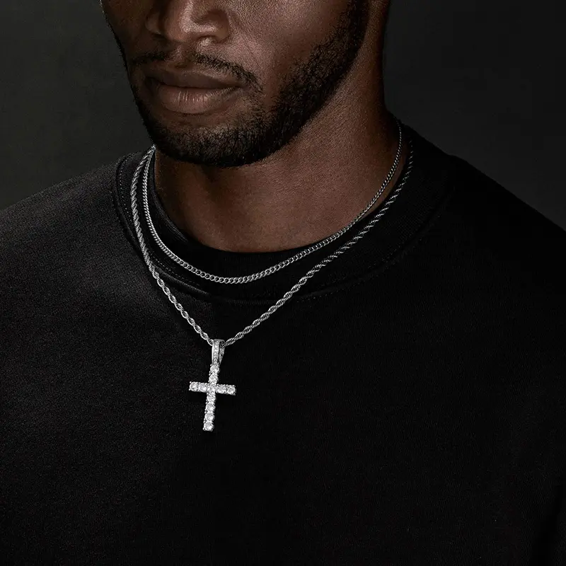 Cross Silver Plated Zircon Pendant Necklace for Men, 3mm Stainless Steel Cuban Chain + Rope Chain Double Chain,18-26 Inch Chain Cross Necklace Jewelry Gift for Men Women