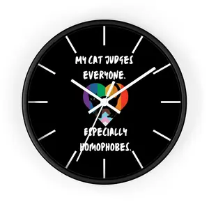 My Cat Judges Everyone Especially Homophobes Wall Clock | LGBTQ+ Pride Rainbow Heart Cat Clock