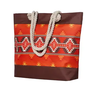Nu Trendz Waterproof Zippered Beach Bag w/ Aztec Print Large Boho Tote for Pool Vacation & Shopping - Southwestern & Aztec Patterns