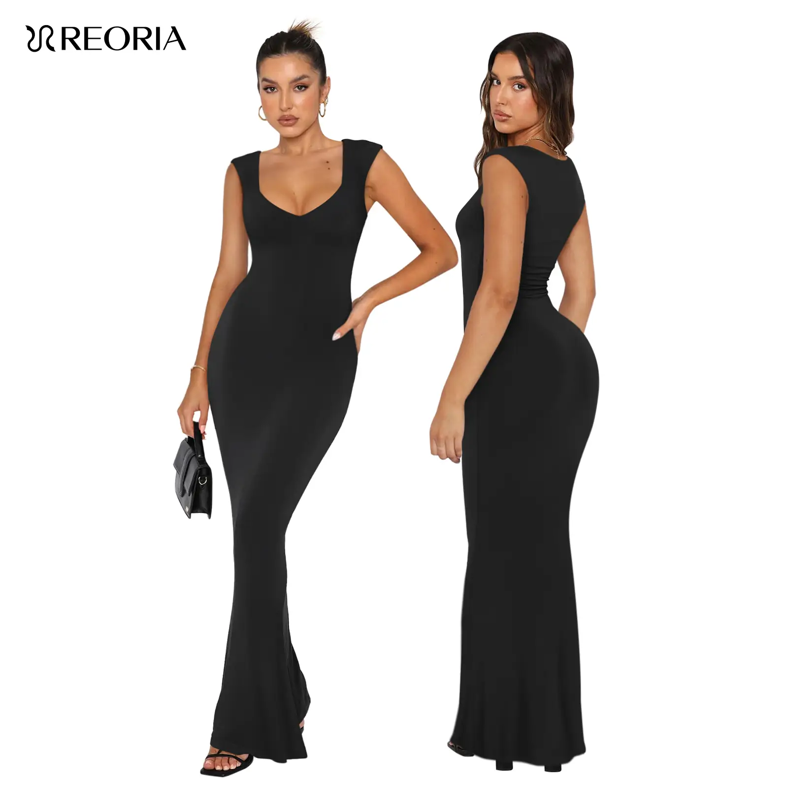 REORIA Fallfreshness Women's Sexy Square V Neck Cap Sleeve Dress Summer Elegant Lounge Long Dress Outdoorfun Beach Vibes Ribbed Bodycon Maxi Dresses C