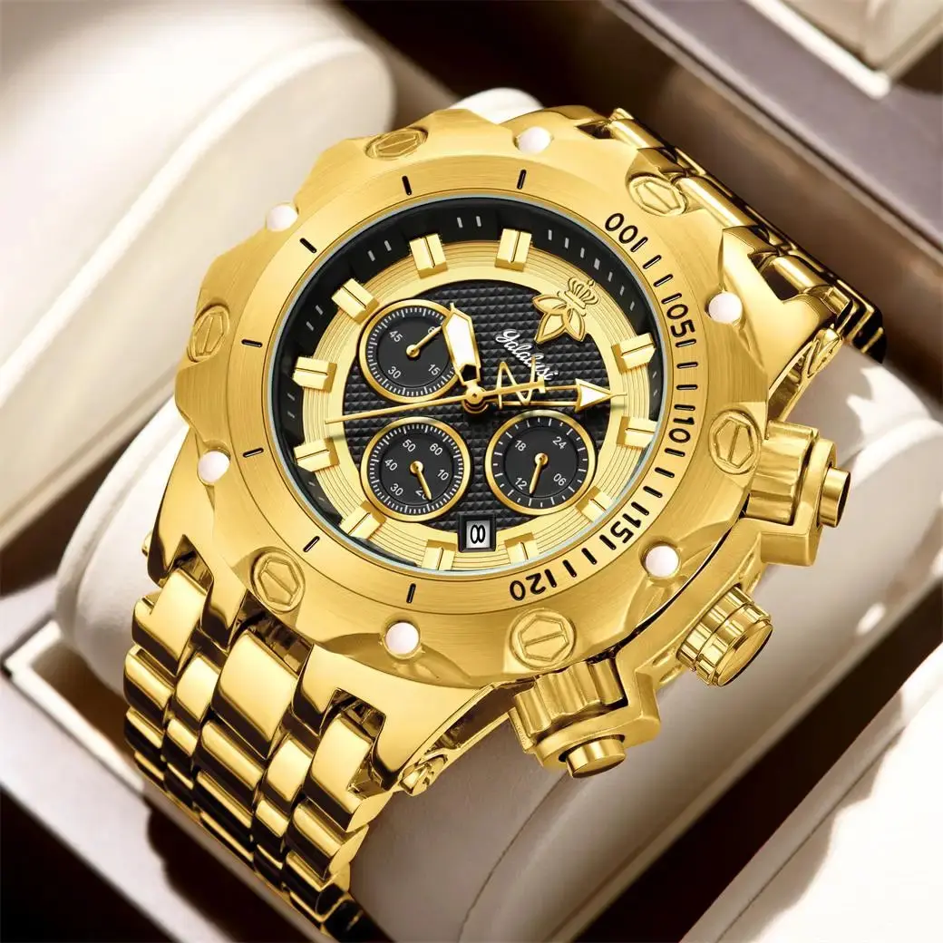 goobingoo, gold chronograph watch, mens oversized watch, blue dial gold watch, luxury stainless steel watch, bold executive timepiece, diver style watch, waterproof quartz watch, gold link bracelet, statement mens watch