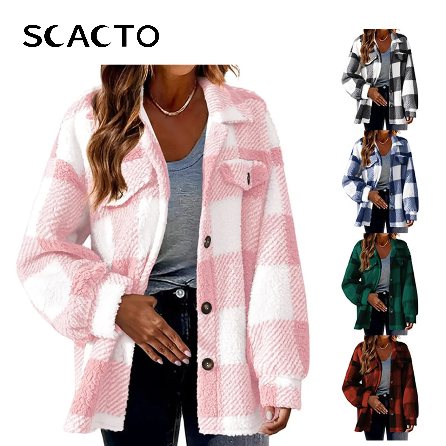Scacto Lady's Euro-American Style Plaid Polyester Fleece Winter Coat - Long-Sleeve, Button-Front, Baggy Oversize Loose-Fit, Medium-Length, Comfortable Fabric, Warm Women's Tops Jacket