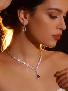 3-Piece Gorgeous Red Waterdrop Bridal Jewelry Set, Imitation Red Crystal Gemstone Necklace Earrings, Perfect for Dance and Banquet (1 Necklace+2 Earrings)