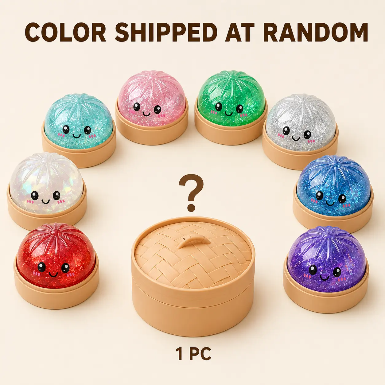 Kawaii Bao Squishy in Steamer Case, Random Color Mystery Blind Box, Glitter Jelly Fidget Toy, Golden Secret Chance