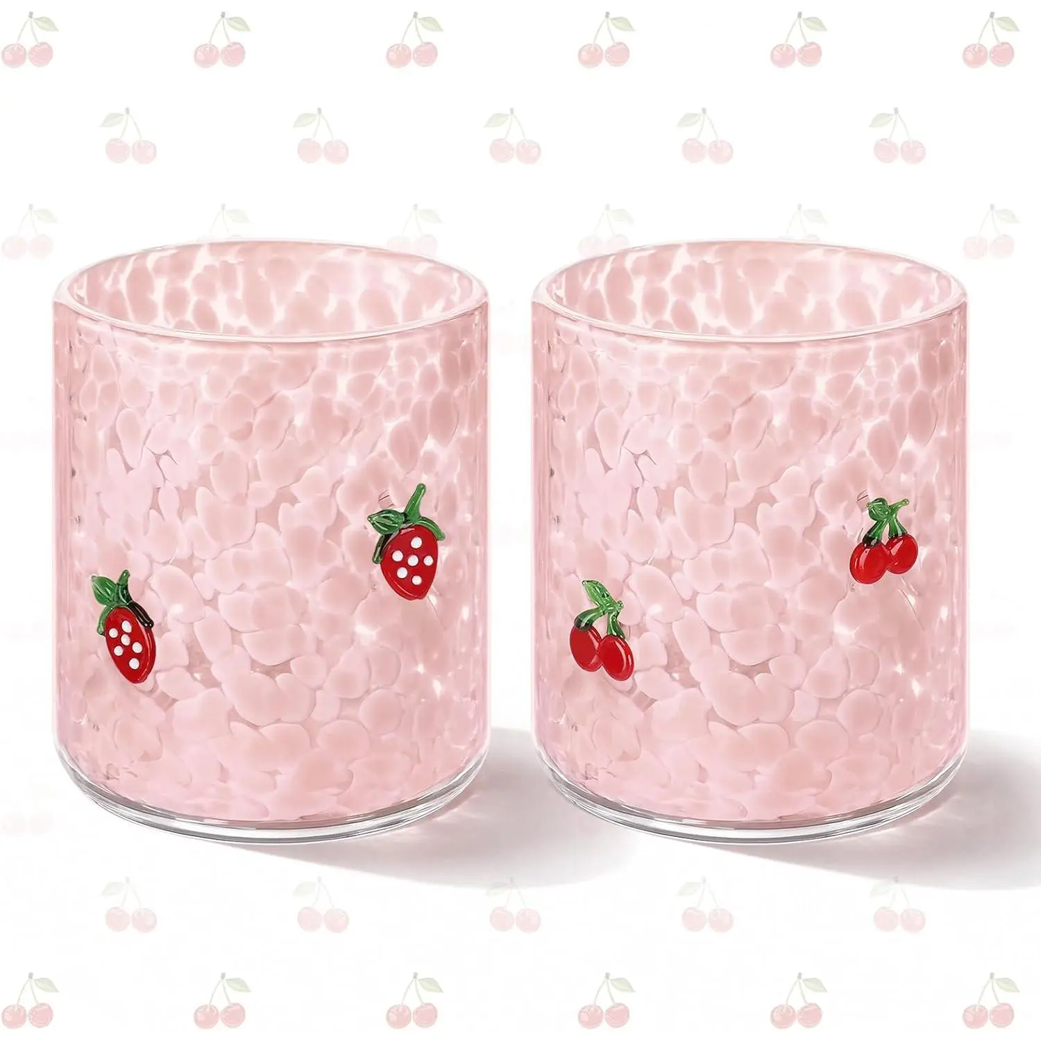 Sturdy Food-Grade Fruit Glass Set - 2-Piece Stemless Grip Cocktail & Juice Cups, 14 oz Graphic Strawberry Cherry Icon Reusable Food-Glass for Everyday Use, Hosting Supplies & Gifts
