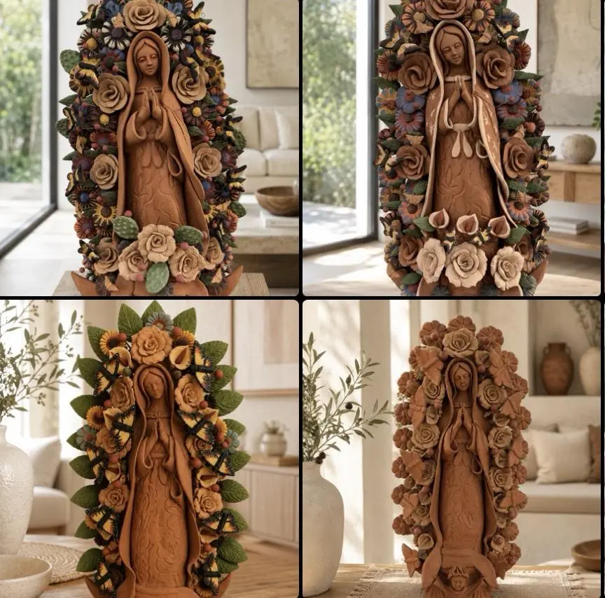 23.7” Handmade Clay Virgin Mary Sculpture, Mexican Folk Art From Metepec