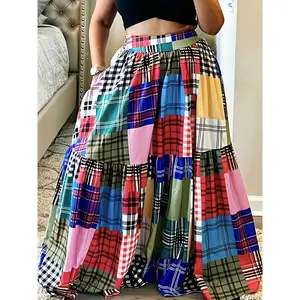 Plus Size - Plus Size - Holiday Fashion Bohemian Plaid Printed Patchwork Skirt with Elastic Waist And Side Pockets