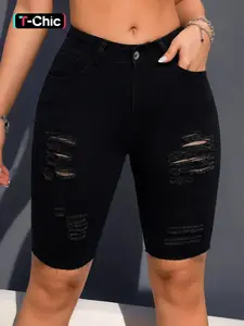 Women's Ripped Button Pocket Distressed Denim Shorts, Fashion Basic Casual Stretchy Short Jeans for Daily Outdoor Wear, Ladies Skinny Bottoms for Summer, Casual Jorts Shorts, Womenswear, Casual Relaxed Shorts