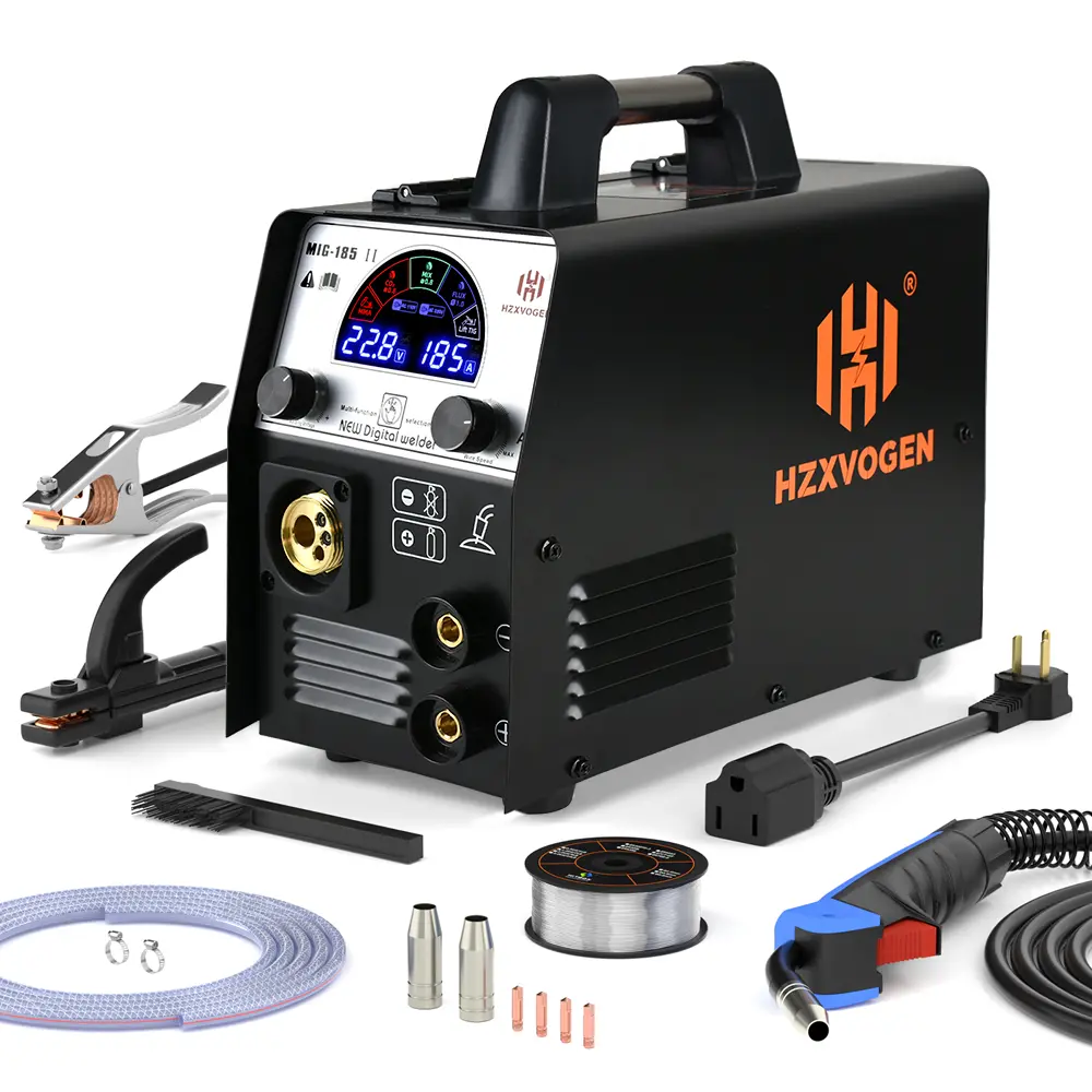 HZXVOGEN MIG185II 185A MIG Welder, 4 in 1 Gas MIG/Flux Core Gasless MIG/Lift TIG/Stick Welder, 110V 220V IGBT Inverter Synergy Multi Process Welding Machine Large LED Screen Display for Beginner, Diy Projects, Carbon Steel