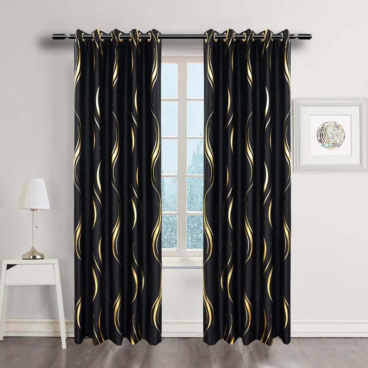 Multi-Color Foil Wave Striped Blackout Curtains – Luxury Gold Stripe Drapes for Living Room & Bedroom | 2 Panel Set