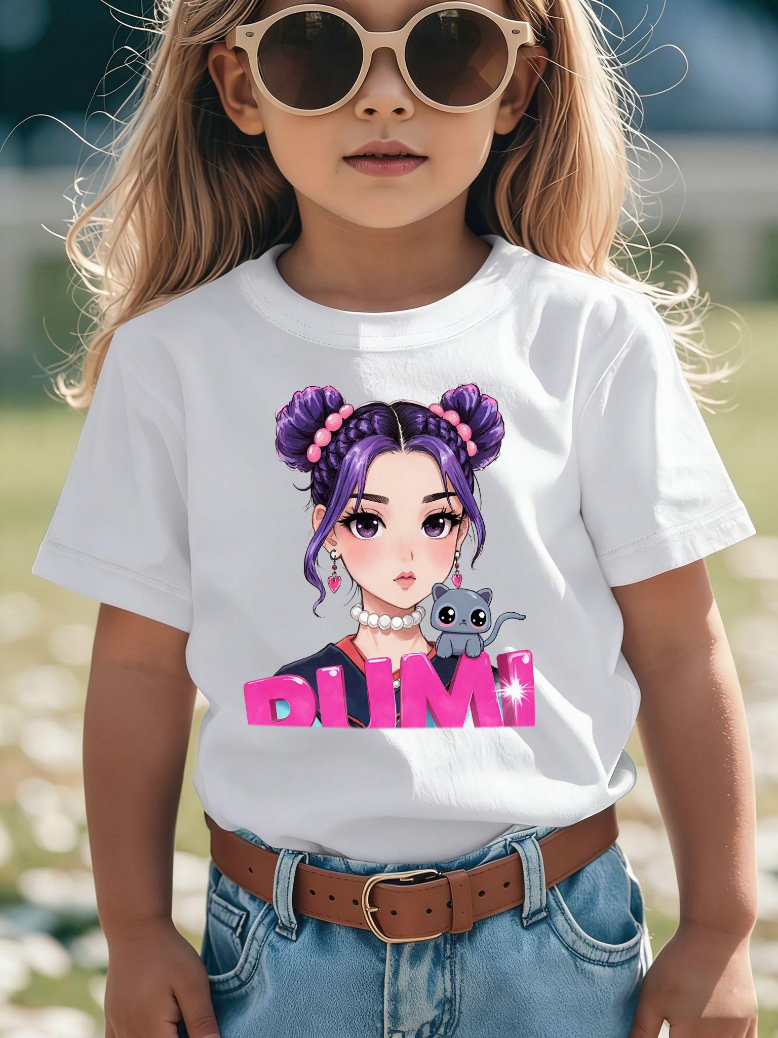 PUMI Anime Character White T-Shirt for Kids Girls - Cute Purple Hair Twin Buns Gray Cat Graphic Print Tee with Bold Pink Sparkle Letters - Soft Casual Crew Neck Summer Breathable Top - Trendy Youth Daily Wear Fashion Outfit - Perfect Birthda
